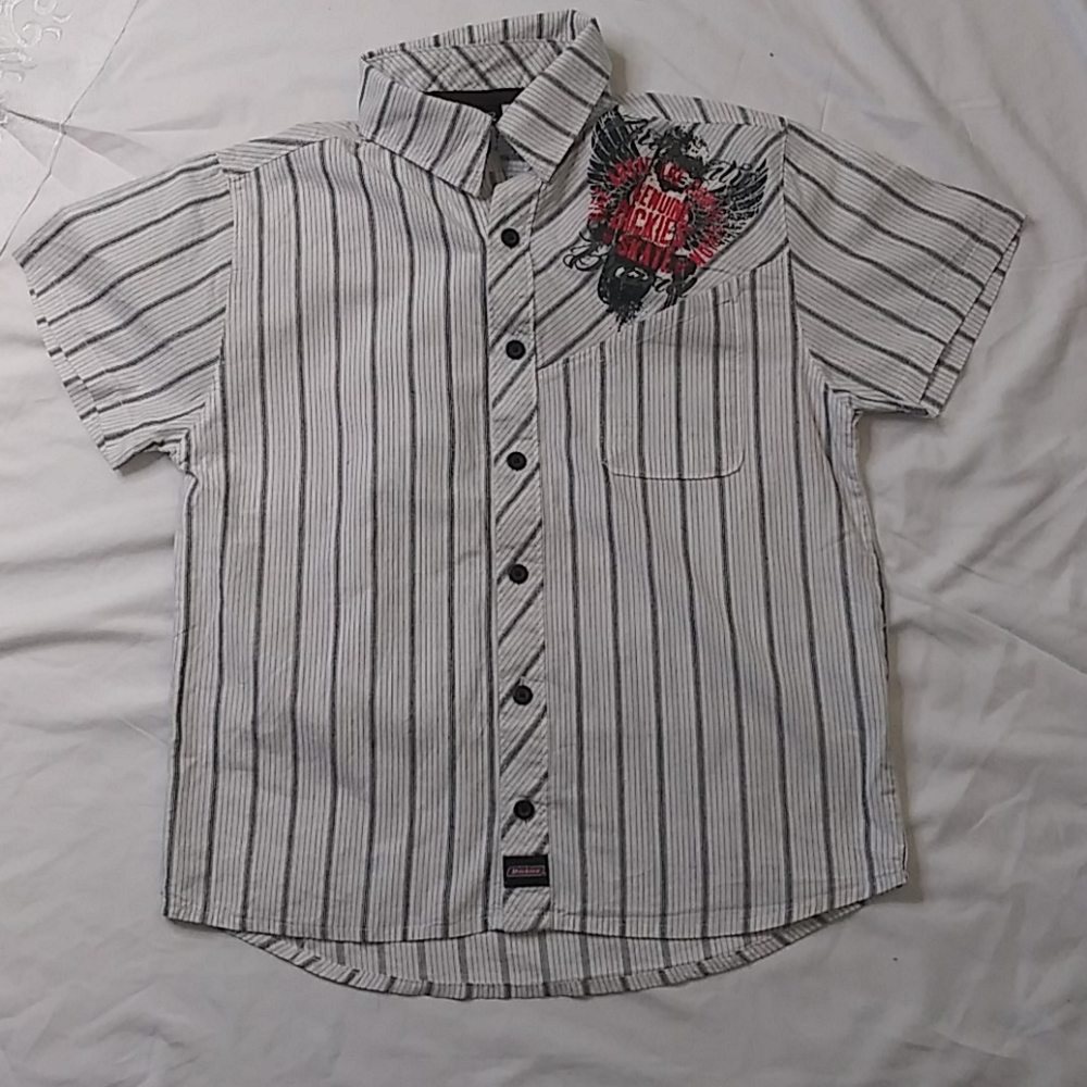 DICKIES Boys White/Black Stripe Shirt Size M